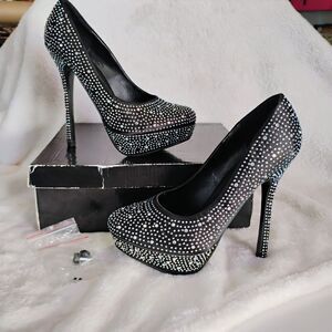 DeDeb Women's Silver Rhinestone Platform Stiletto Heels Size 7 Sparkly Y2K Glam